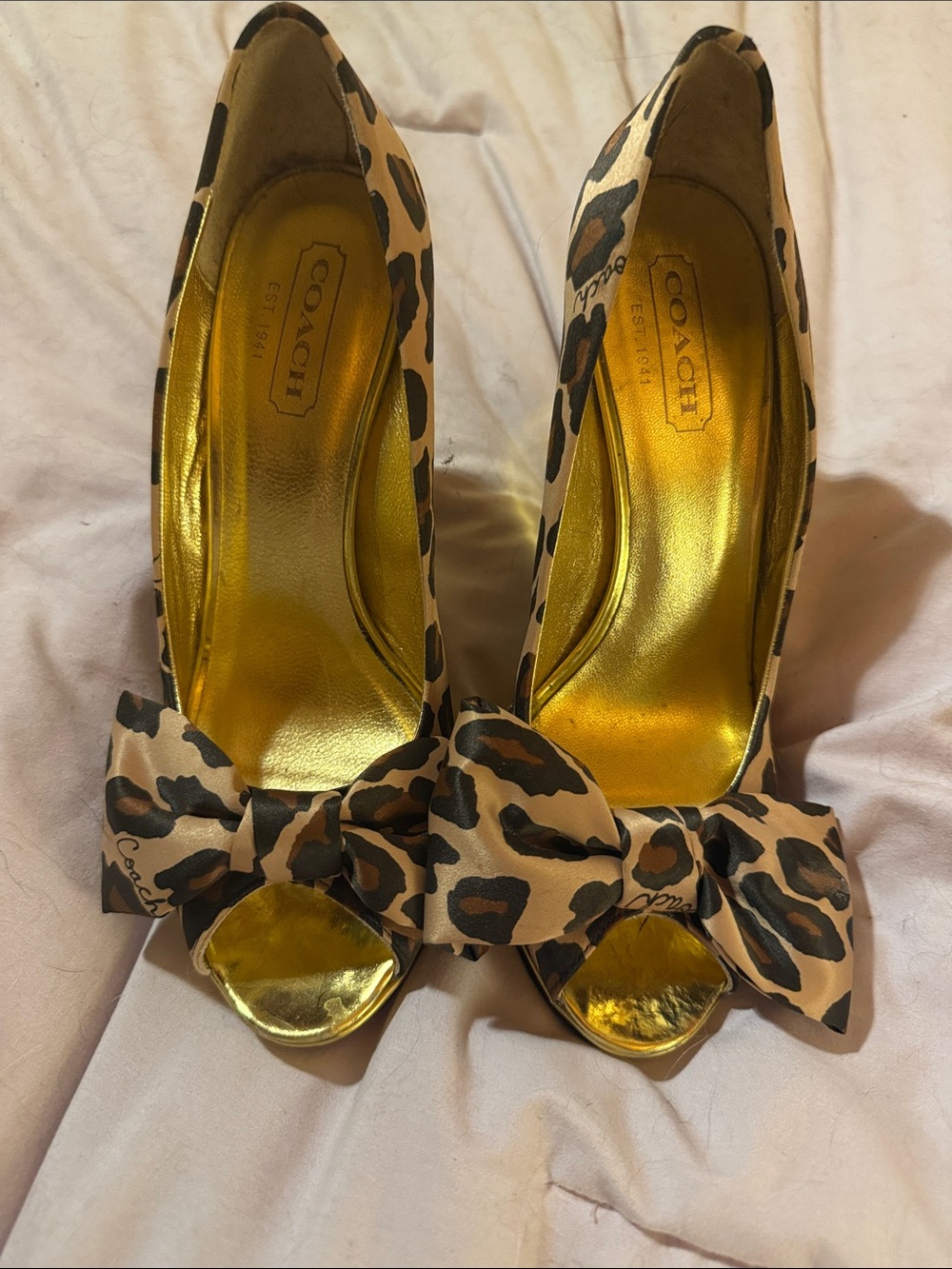 Coach Leopard-Print Peep-Toe Heels with Bow — Tan, Black & Gold, Worn 2x inside